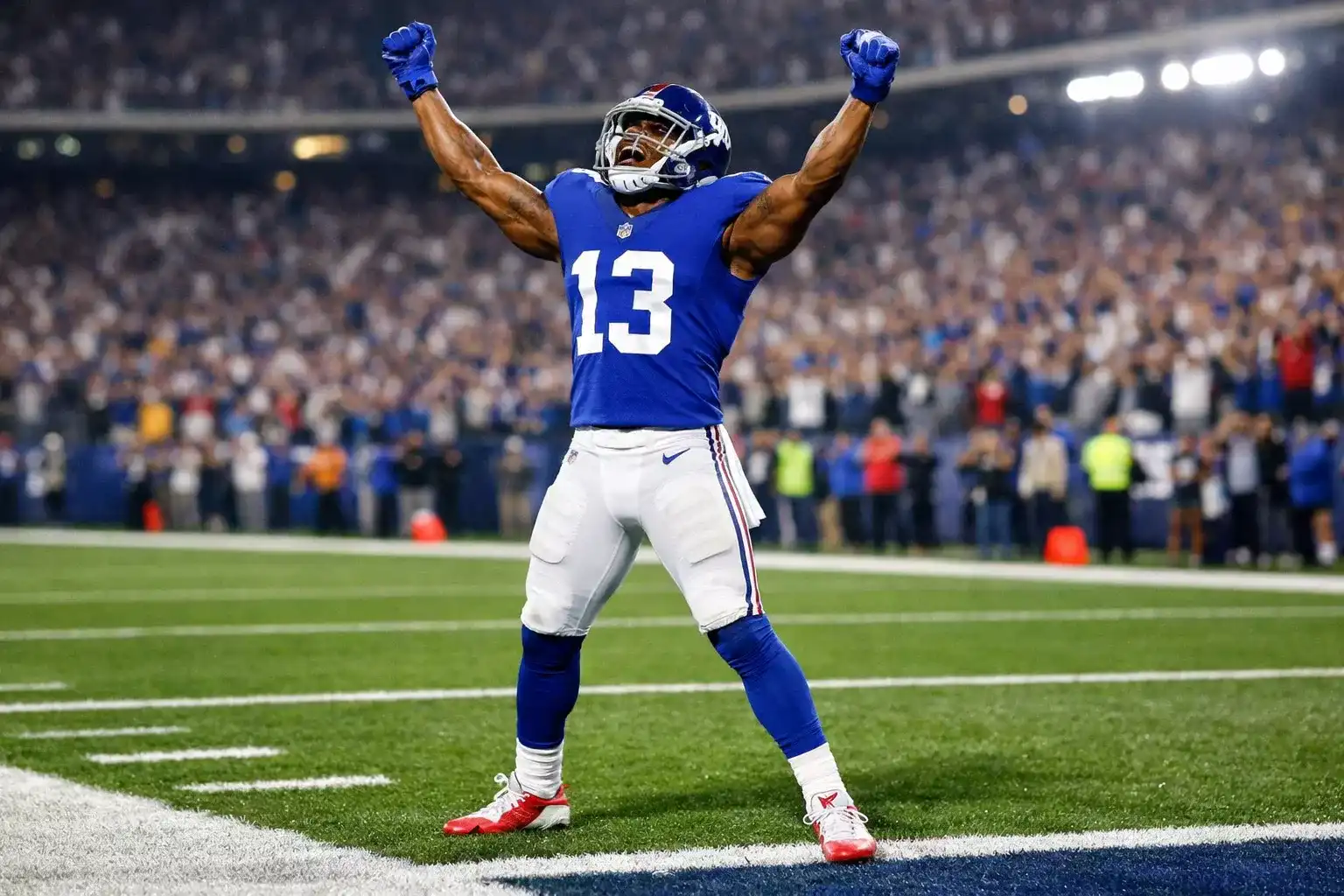 NFL wide receiver celebrating touchdown catch in end zone