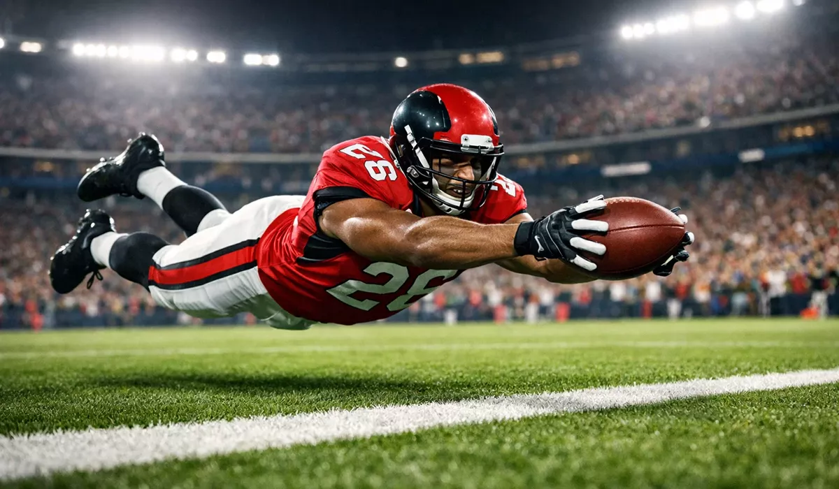 NFL running back scoring touchdown diving into end zone