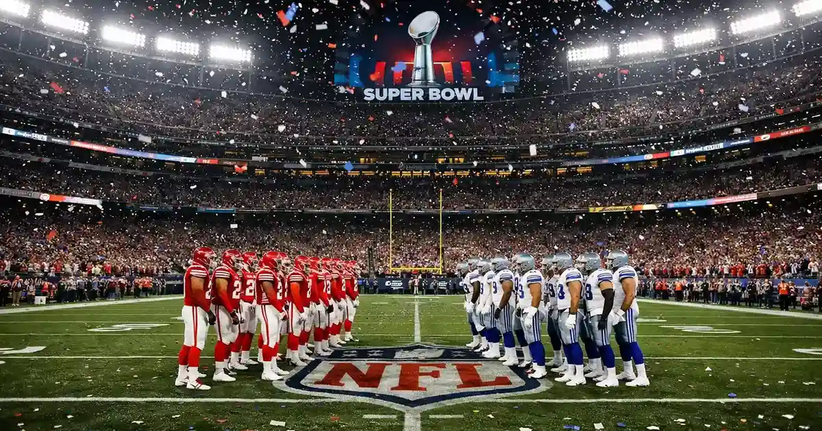 NFL Super Bowl championship game with players on field at packed stadium